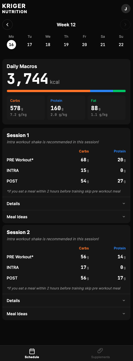 Kriger Nutrition App — Daily macros, session fueling, and protocols